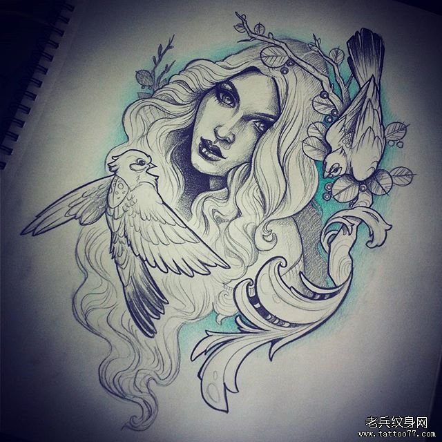 欧美黑灰school女郎鸟纹身图案手稿