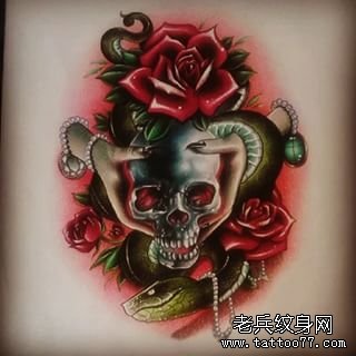 欧美骷髅花卉蛇school纹身图案手稿