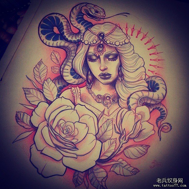 欧美school蛇女郎纹身图案手稿