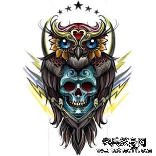 欧美school猫头鹰骷髅纹身图案手稿