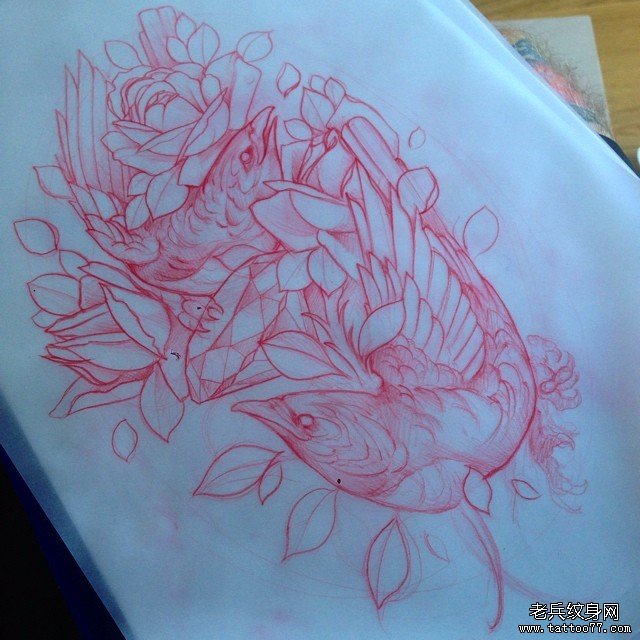 欧美school乌鸦花卉纹身图案手稿