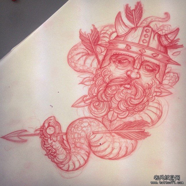 欧美武士蛇纹身图案手稿