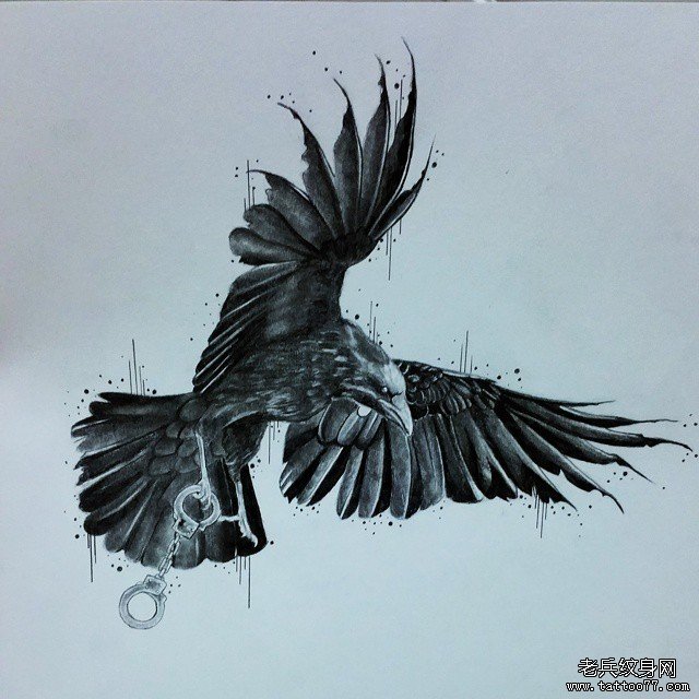欧美乌鸦泼墨黑灰纹身图案手稿