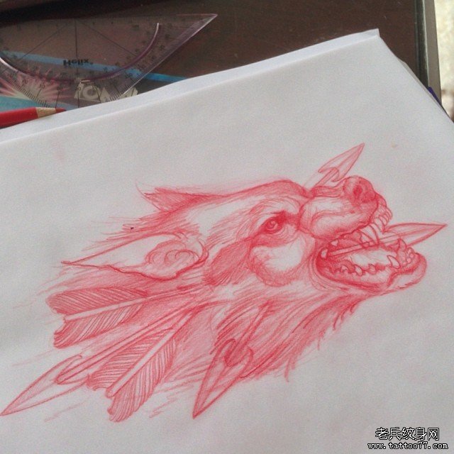 欧美狼头school纹身图案手稿