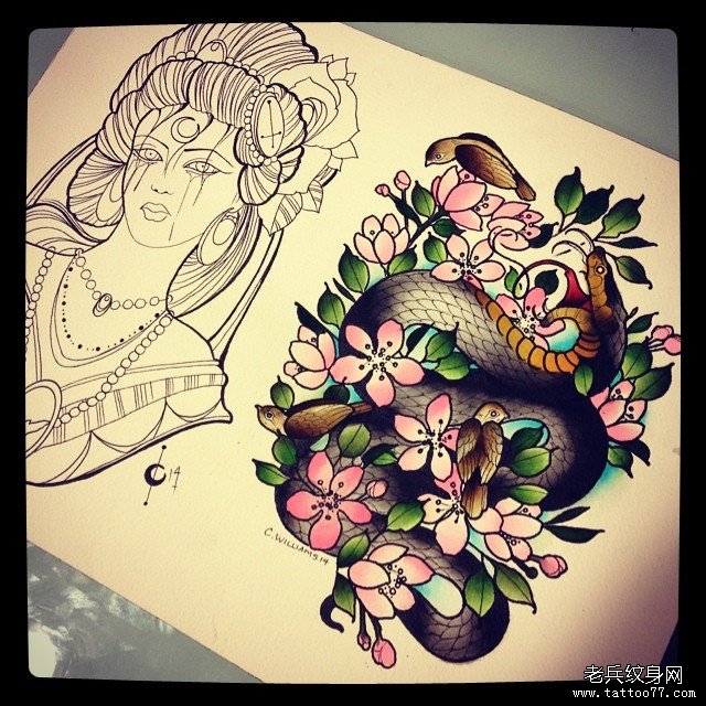 欧美school蛇桃花纹身图案手稿