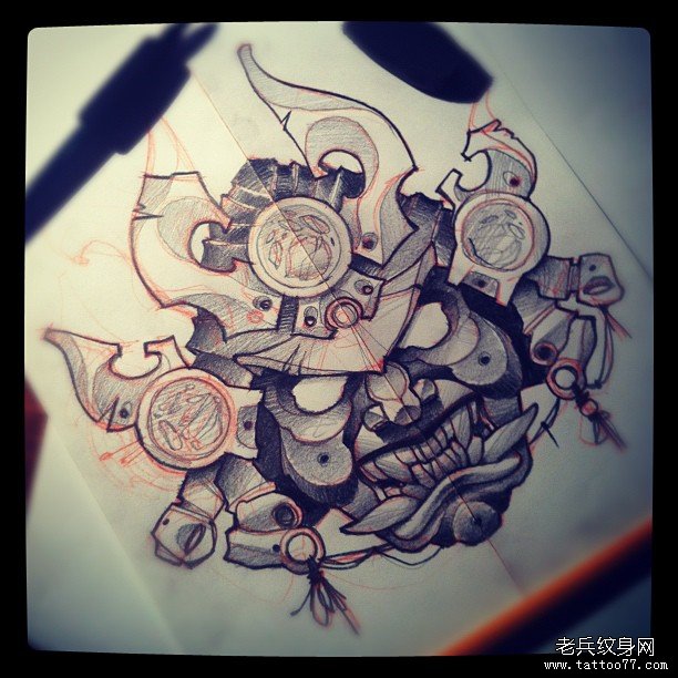 欧美武士黑灰纹身图案手稿