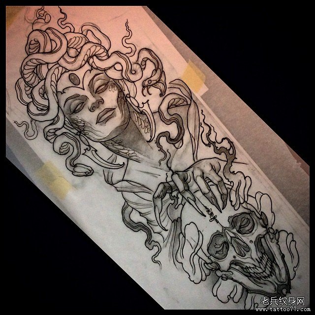 欧美school美杜莎纹身图案手稿