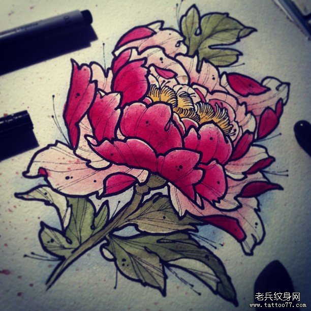 传统牡丹纹身图案手稿