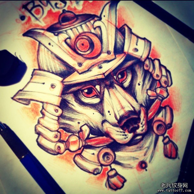 欧美school狼头武士纹身图案手稿