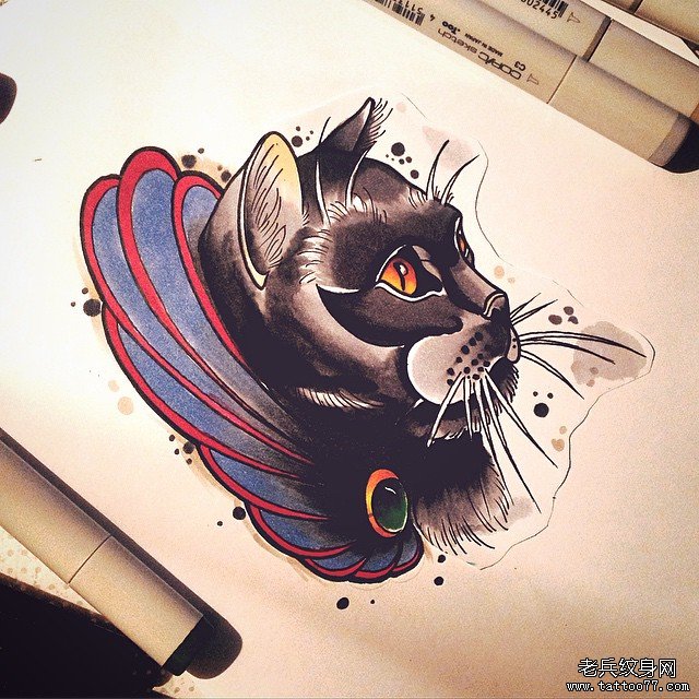 欧美school猫纹身图案手稿