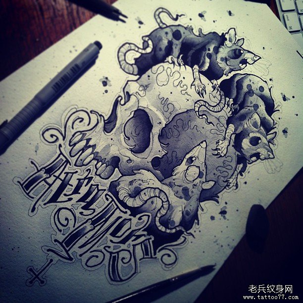 欧美school骷髅老鼠纹身图案手稿