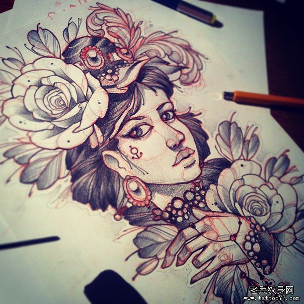欧美school女郎花卉纹身图案手稿