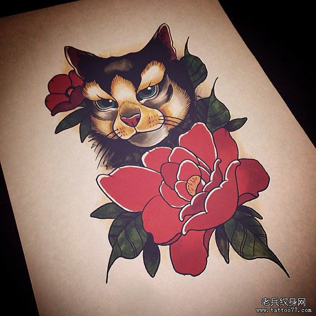 欧美school猫花卉纹身图案手稿