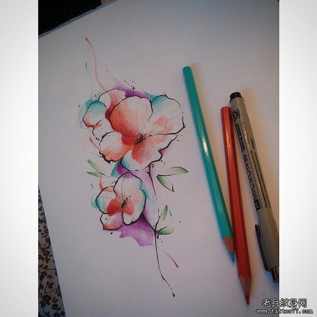 欧美泼墨花卉小清新纹身图案手稿