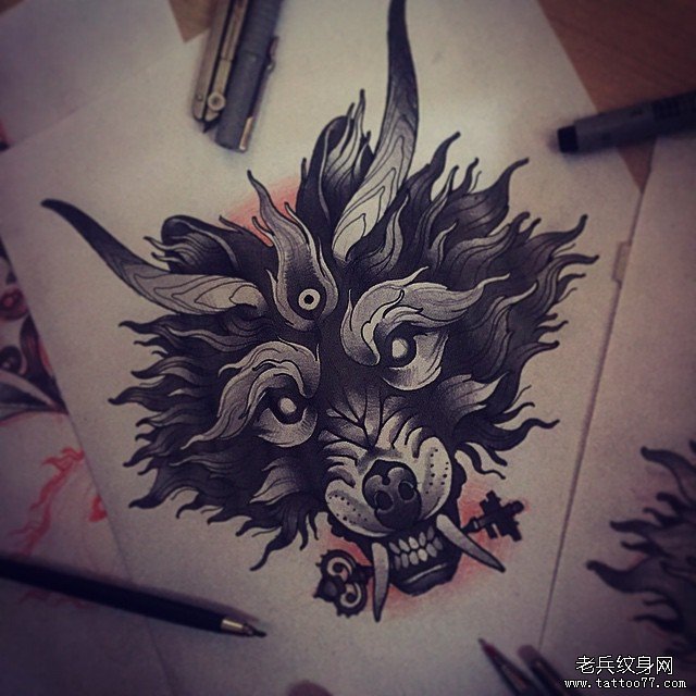 欧美暗黑系school狼头纹身图案手稿
