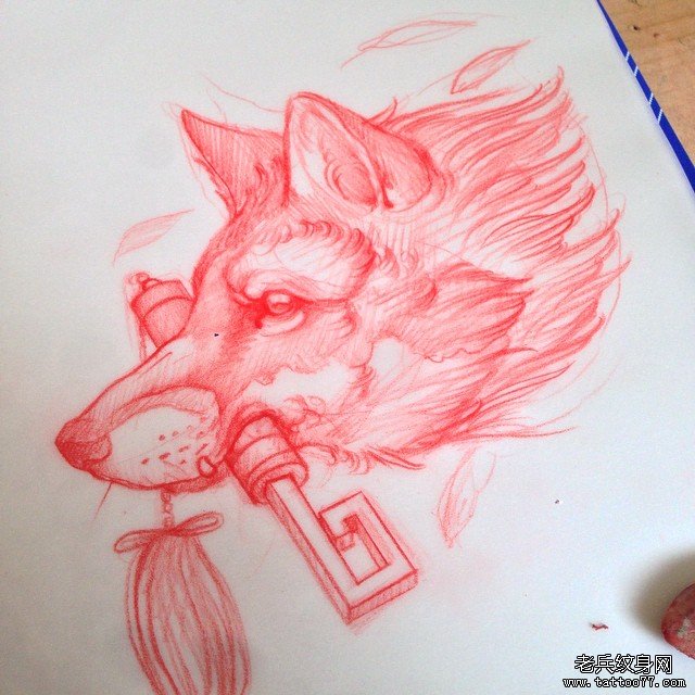 欧美school狼头钥匙纹身图案手稿