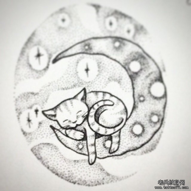 小清新点刺猫月亮纹身图案手稿