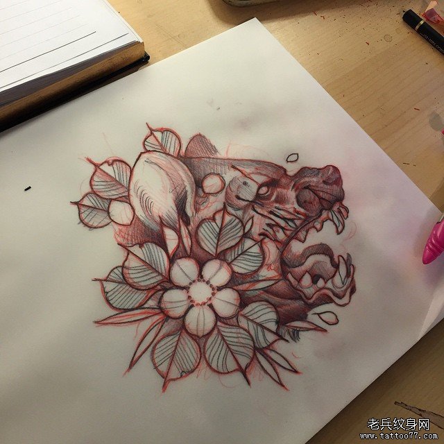 欧美school狼头花卉纹身图案手稿