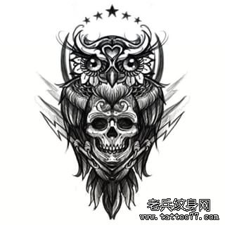欧美school猫头鹰纹身图案手稿