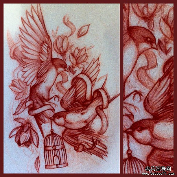 欧美school鸟鸟笼纹身图案手稿
