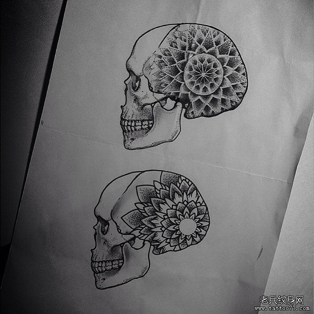 欧美骷髅梵花纹身图案手稿