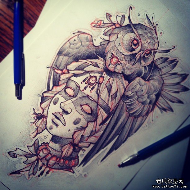 欧美schoo猫头鹰l女郎纹身图案手稿
