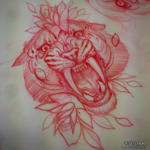 chool老虎花卉纹身图案手稿