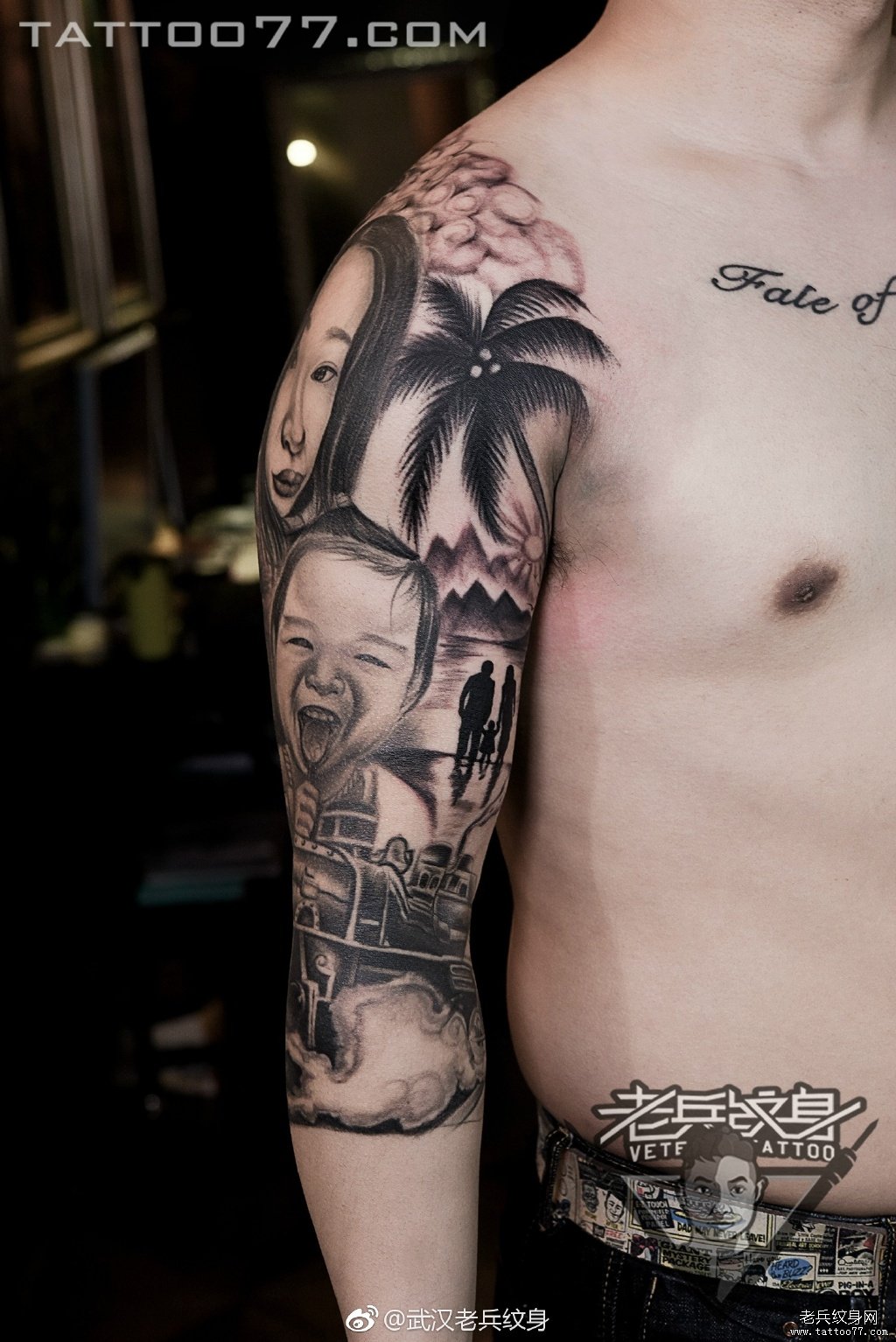 武汉纹身师打造的七分袖花臂肖像纹身图案作品