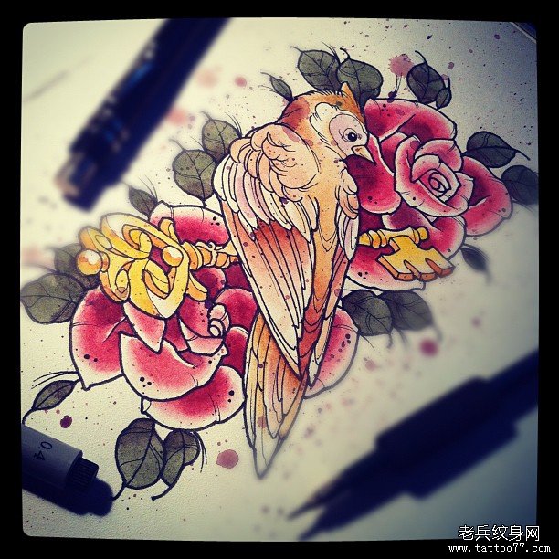 欧美鸟花卉纹身图案手稿