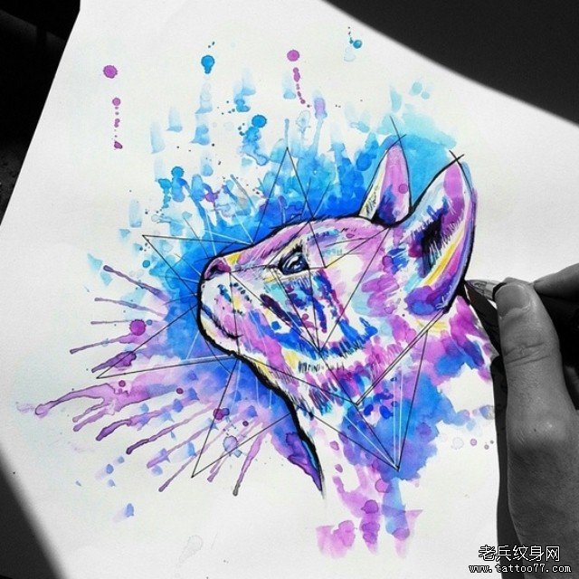 欧美小清新泼墨猫纹身图案手稿