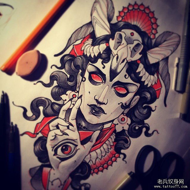 欧美女郎暗黑系纹身图案手稿