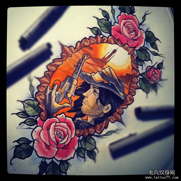 欧美school玫瑰花纹身图案手稿