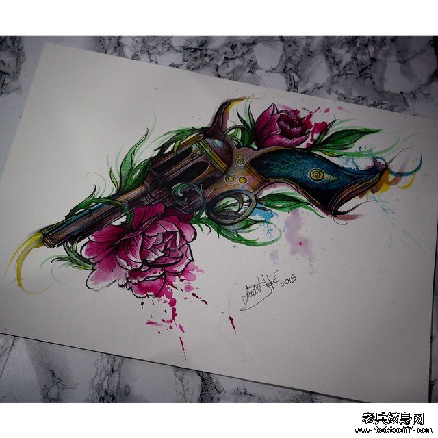 欧美花卉泼墨枪花纹身图案手稿