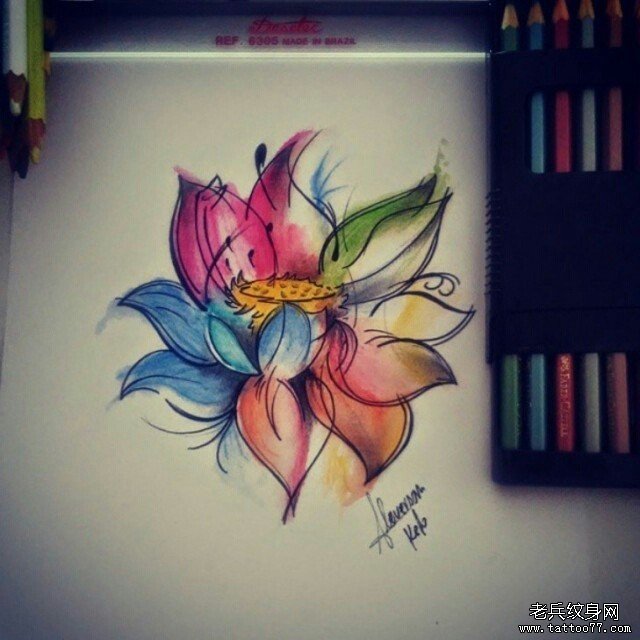 欧美泼墨莲花纹身图案手稿