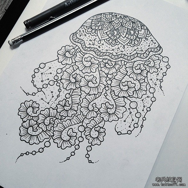 欧美线条梵花几何纹身图案手稿