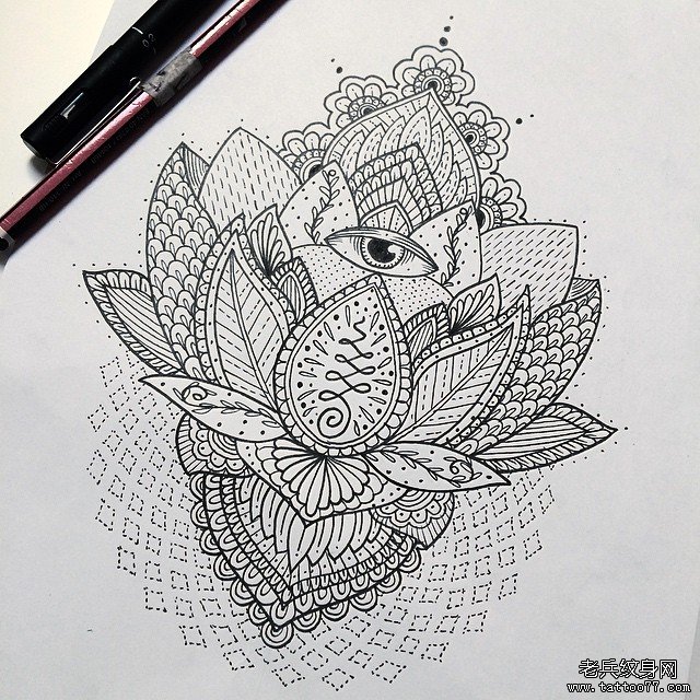 欧美莲花线条几何纹身图案手稿