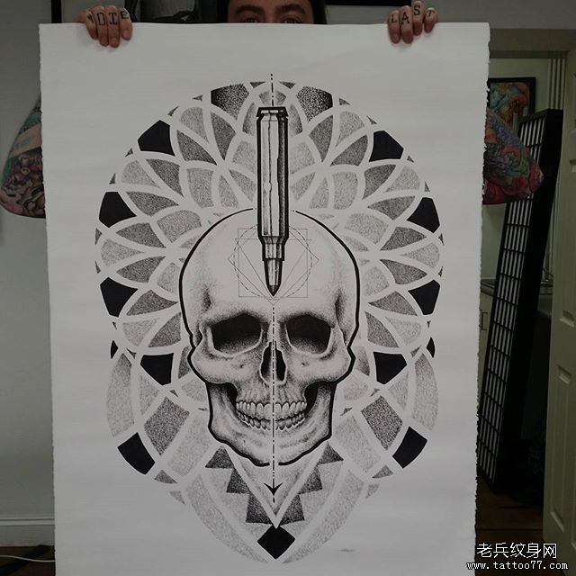 欧美点刺骷髅几何纹身图案手稿