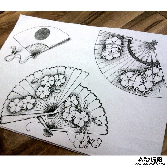 扇子点刺几何纹身图案手稿