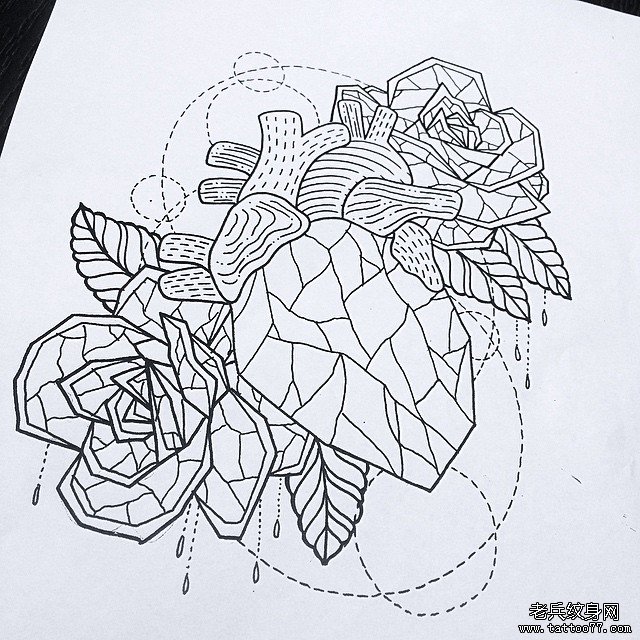 欧美心脏玫瑰线条纹身图案手稿