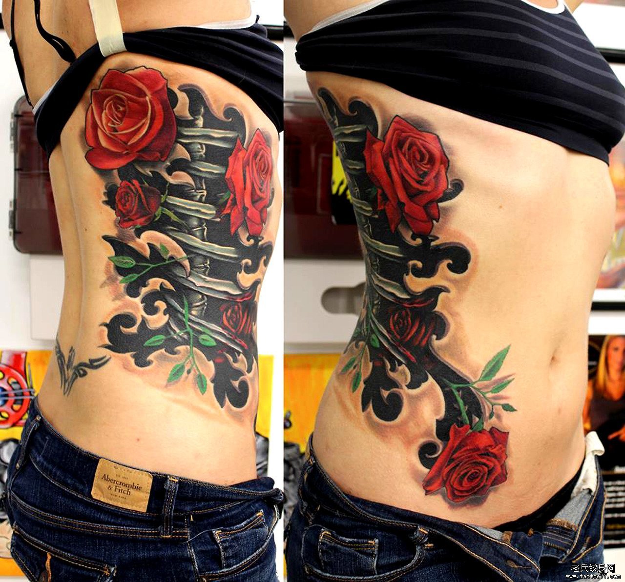 侧腰异形玫瑰彩色欧美3D纹身图案