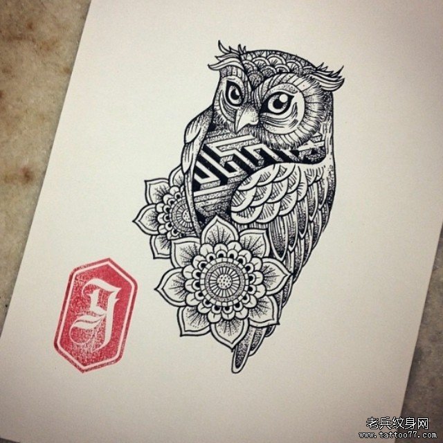 欧美黑灰猫头鹰梵花纹身图案手稿