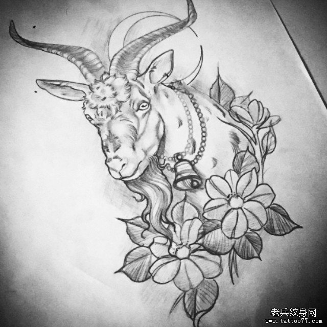 school山羊花卉黑灰纹身图案手稿