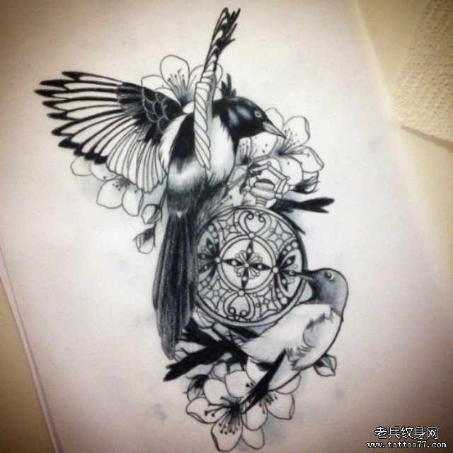 欧美鸟时钟黑灰纹身图案手稿