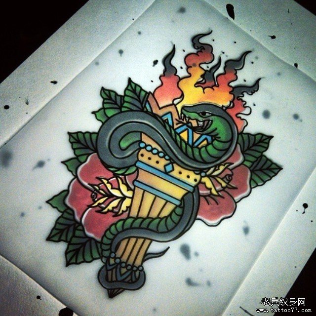 old school 火炬蛇纹身图案手稿