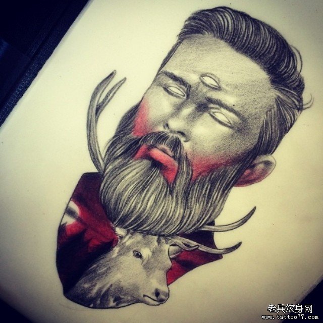 欧美人像麋鹿纹身图案手稿