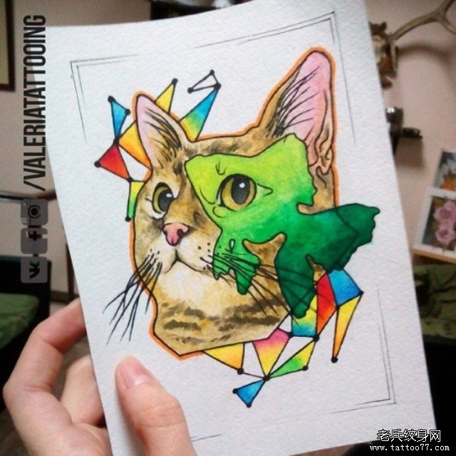 彩色猫金鱼纹身图案手稿