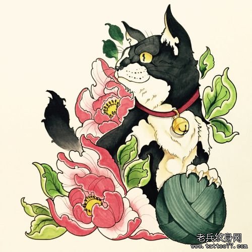 传统牡丹猫纹身图案手稿