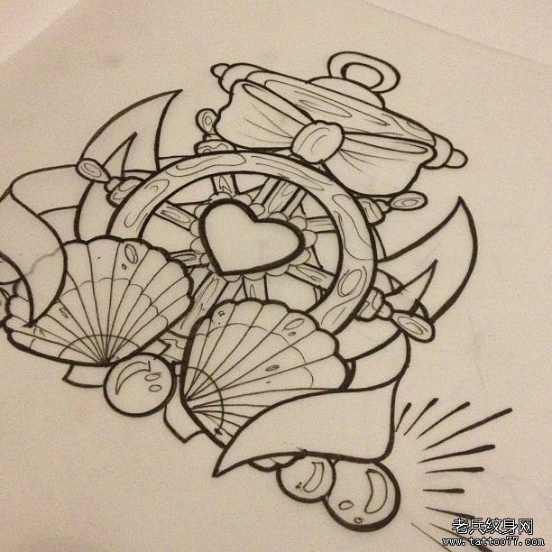 欧美船舵贝壳纹身图案手稿