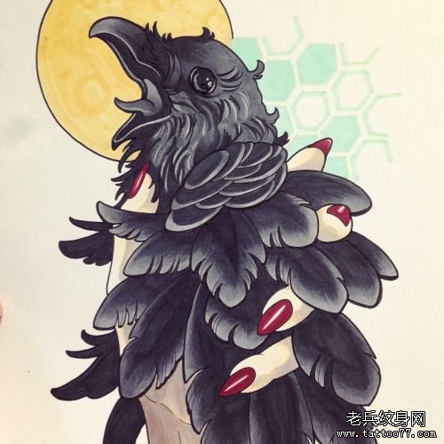 欧美old school乌鸦手纹身图案手稿