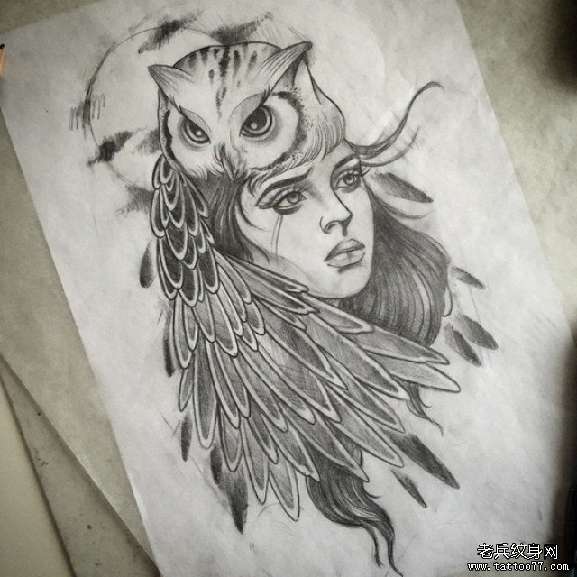 欧美印第安猫头鹰女郎纹身图案手稿